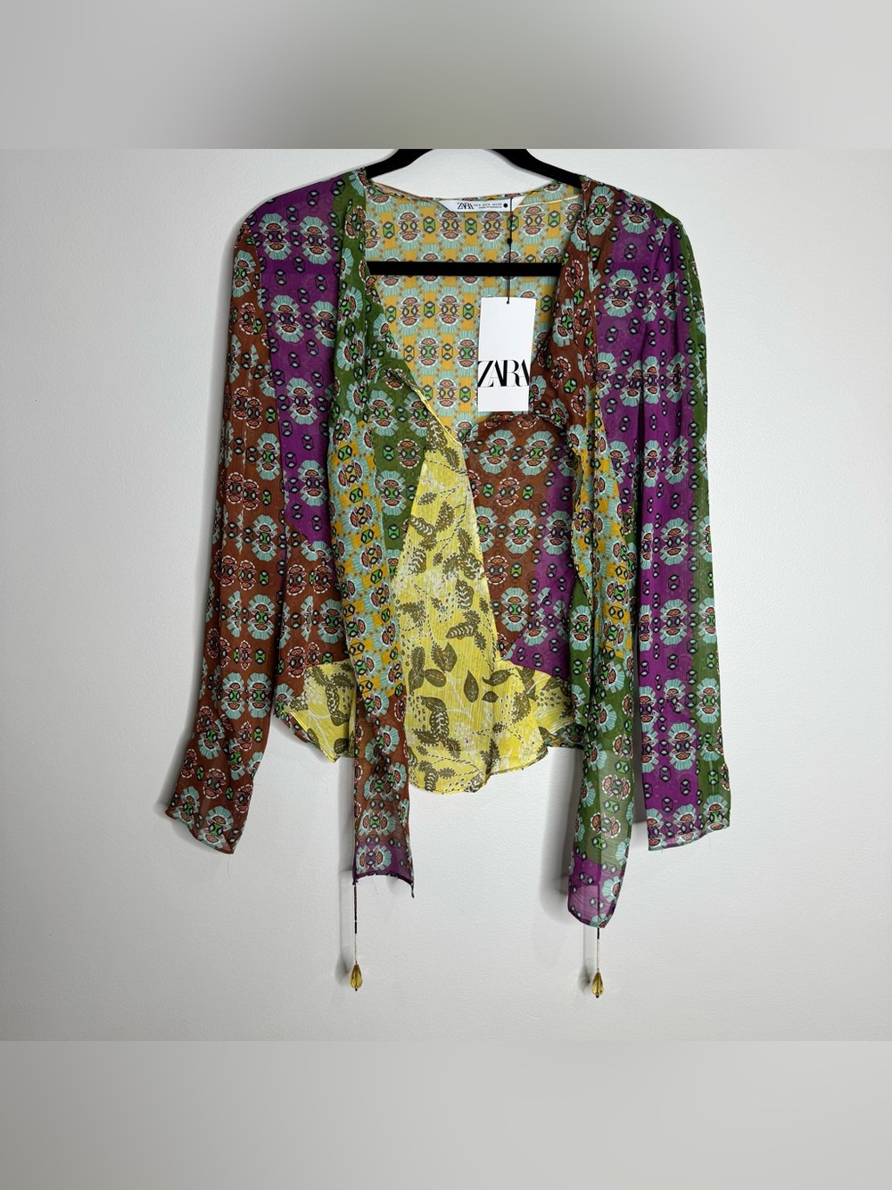 NWT Zara‎ Boho Fairy Crinkle Semi Sheer Long Sleeve Blouse Beaded Tassels Small
